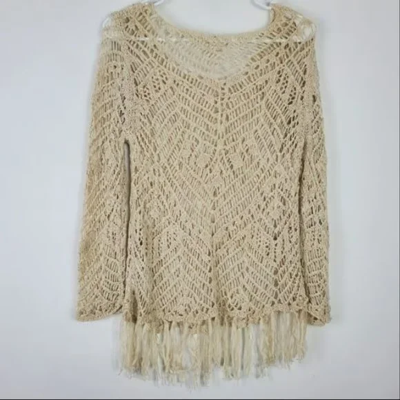 Rachel Roy Open Knit Top Womens Size M Cream Ivory Long Sleeve Tassel Bottom - Picture 2 of 3